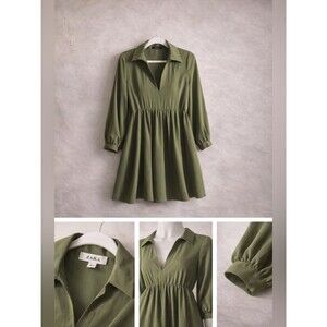 Zara olive green khaki babydoll mini dress long sleeves & collared neckline. XS